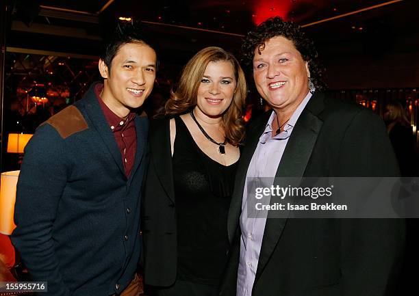 Actor Harry Shum Jr., Bridgett Casteen and actress Dot Jones attend the reception for the Las Vegas premiere of "Zarkana by Cirque du Soleil" at the...