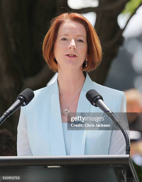 Australian Prime Minister Julia Gillard attends the naming of Queen Elizabeth Terrace at Parkes Place on November 10, 2012 in Canberra, Australia....