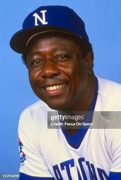 Baseball Great and former Milwaukee/Atlanta Brave, Milwaukee Brewer Hank Aaron poses for this portrait circa 1983. Aaron played for the Braves from...