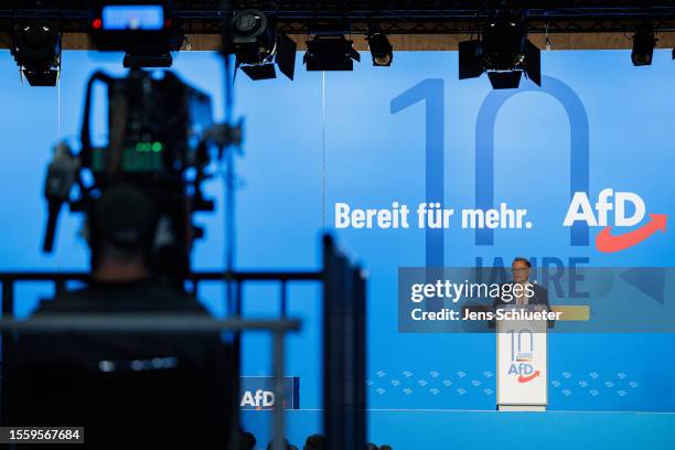 Leading member of the right-wing Alternative for Germany political party Tino Chrupalla speaks to delegates during the 2023 federal congress of the...