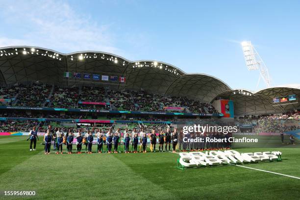 Players and match officials line up prior to the FIFA Women's World Cup Australia & New Zealand 2023 Group B match between Nigeria and Canada at...