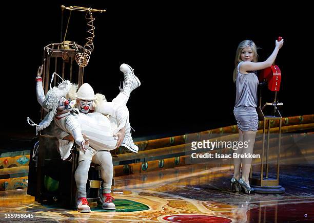 Actress Jennette McCurdy makes a cameo on stage during the Las Vegas premiere of "Zarkana by Cirque du Soleil" at the Aria Resort & Casino at...