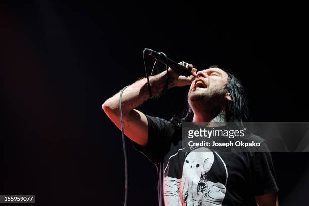 Bert McCracken of The Used performs on stage at Wembley Arena on November 9, 2012 in London, United Kingdom.