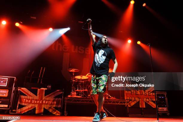 Bert McCracken of The Used performs on stage at Wembley Arena on November 9, 2012 in London, United Kingdom.