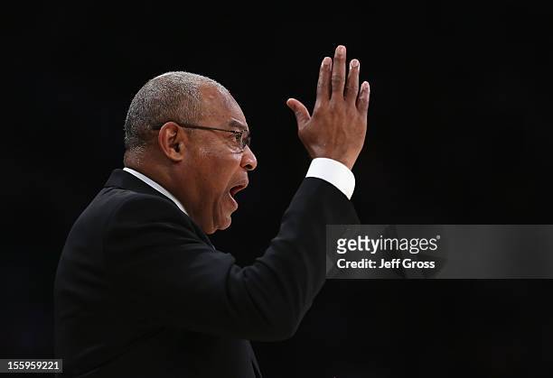 Los Angeles Lakers interim head coach Bernie Bickerstaff shouts instructions to his team in the second half against the Golden State Warriors at...