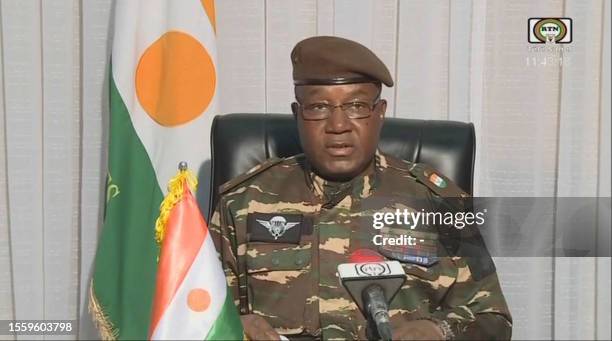 This video frame grab image obtained by AFP from ORTN - Télé Sahel on July 28, 2023 shows General Abdourahamane Tiani, Niger's new strongman,...