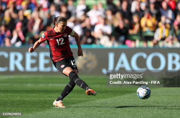 Christine Sinclair of Canada takes a penalty saved by Chiamaka Nnadozie of Nigeria during the FIFA Women's World Cup Australia & New Zealand 2023...