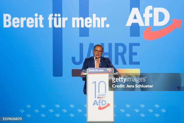 Leading member of the right-wing Alternative for Germany political party Tino Chrupalla speaks to delegates during the 2023 federal congress of the...