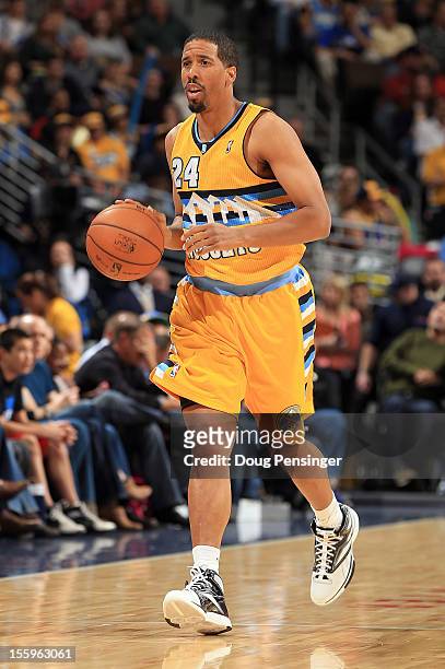 Andre Miller of the Denver Nuggets controls the ball against the Utah Jazz at the Pepsi Center on November 9, 2012 in Denver, Colorado. The Nuggets...