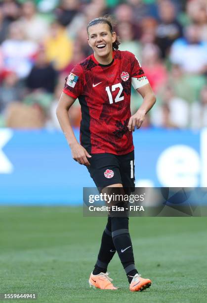 Christine Sinclair of Canada reacts during the FIFA Women's World Cup Australia & New Zealand 2023 Group B match between Nigeria and Canada at...