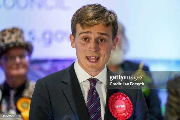 Labour Party candidate Keir Mather celebrates winning with 16,456 votes the Selby and Ainsty by-election on July 21, 2023 in Selby, England. The...