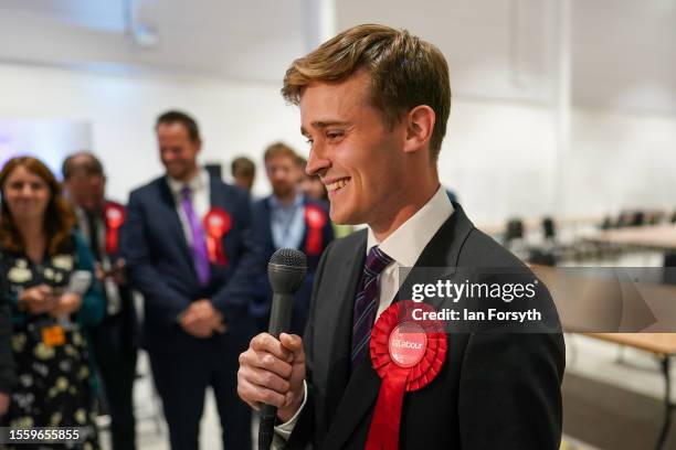 Labour Party candidate Keir Mather celebrates winning with 16,456 votes the Selby and Ainsty by-election on July 21, 2023 in Selby, England. The...