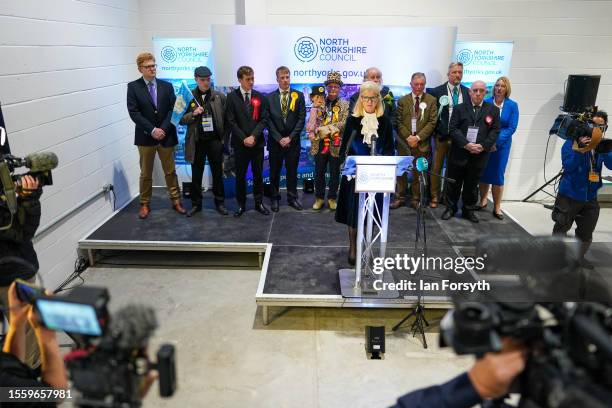 Candidates gather on stage ahead of the declaration in the Selby and Ainsty by-election on July 21, 2023 in Selby, England. The by-election was...