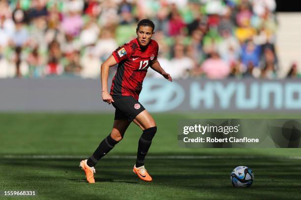 Christine Sinclair of Canada in action during the FIFA Women's World Cup Australia & New Zealand 2023 Group B match between Nigeria and Canada at...