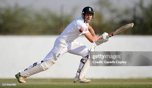 Nick Compton of England bats during day three of the tour match between England and Haryana at Sardar Patel Stadium ground B on November 10, 2012 in...