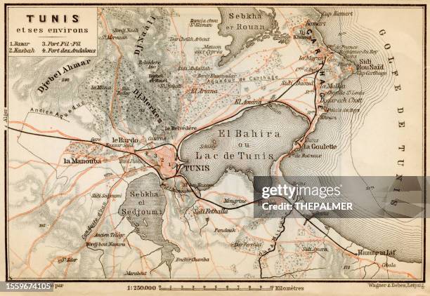 tunisia - lithograph map published 1890, leipzig for "italie. manuel du voyageur" by karl baedeker - algeria stock illustrations