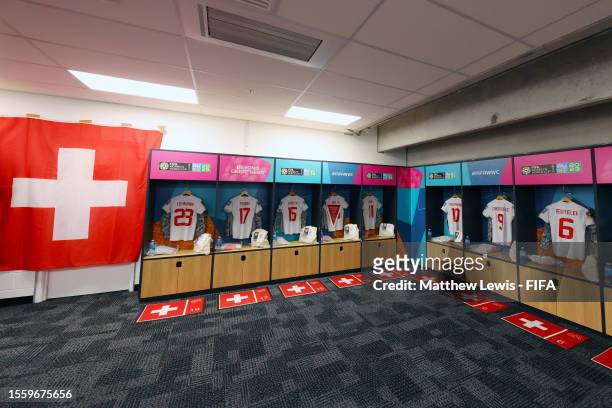 The shirts worn by Switzerland players are displayed inside the dressing room prior to the FIFA Women's World Cup Australia & New Zealand 2023 Group...