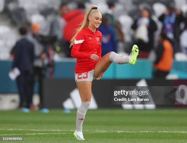 Alisha Lehmann of Switzerland warms up prior to the FIFA Women's World Cup Australia & New Zealand 2023 Group A match between Philippines and...