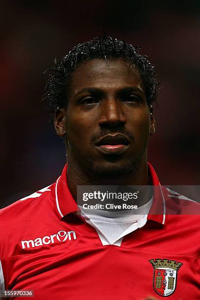 Douglao of SC Braga looks on prior to the UEFA Champions League Group H match between SC Braga and Manchester United at the Estadio AXA on November...
