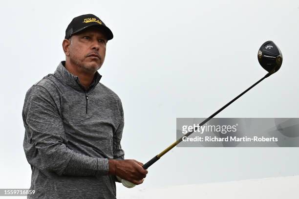 Jeev Milkha Singh of India tees off on the 6th hole during Day Two of The Senior Open Presented by Rolex at Royal Porthcawl Golf Club on July 28,...