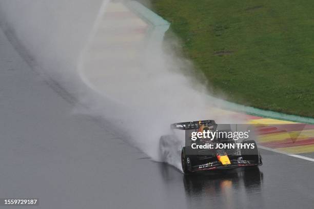 Red Bull Racing's Dutch driver Max Verstappen drives during the practice session ahead of the Formula One Belgian Grand Prix at the Spa-Francorchamps...