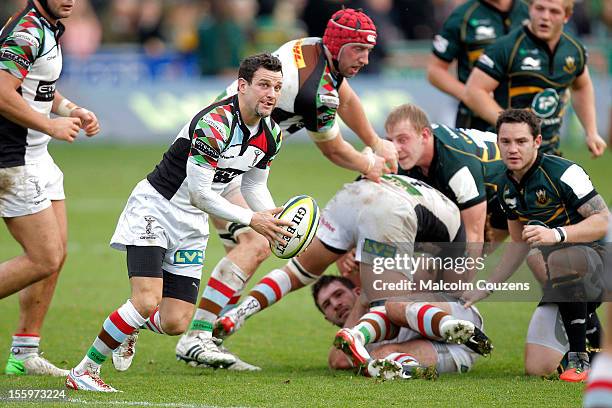 Harlequins scrum-half Karl Dickson gets his pass away during the LV= Cup match Northampton Saints v Harlequins at Franklin's Gardens on November 10,...