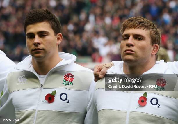 Brothers Ben Youngs and Tom Youngs of England line up prior to the QBE international match between England and Fiji at Twickenham Stadium on November...