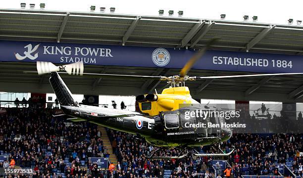 The match ball is delivered via helicopter prior to the npower Championship match between Leicester City and Nottingham Forest at the King Power...