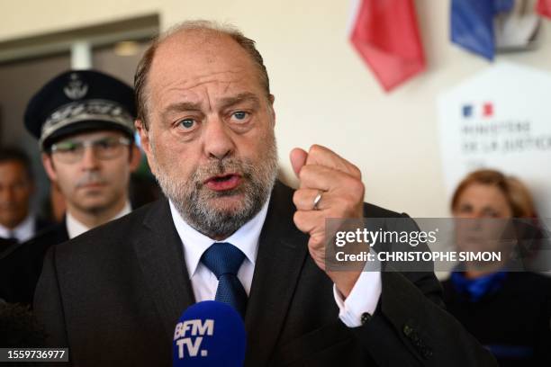 French Justice Minister Eric Dupond-Moretti gestures as he addresses the press during the inauguration of a centre for rehabilitating former inmates...