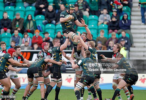 Mark Sorenson of Northampton Saints claims the ball from a line-out during the LV= Cup match between Northampton Saints and Harlequins at Franklin's...