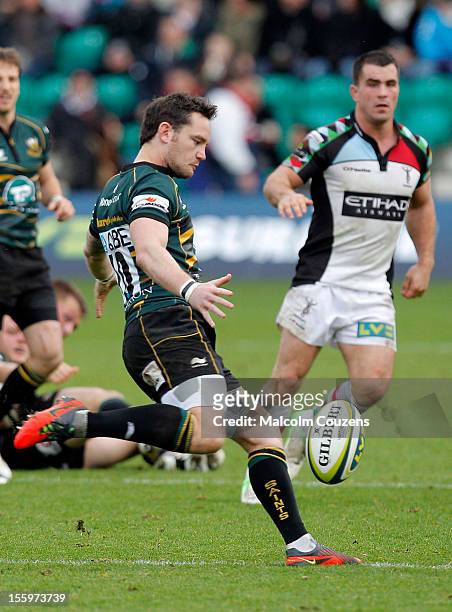 Ryan Lamb of Northampton Saints kicks to touch during the LV= Cup match between Northampton Saints and Harlequins at Franklin's Gardens on November...