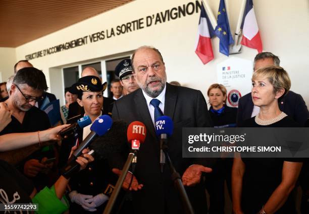 French Justice Minister Eric Dupond-Moretti gestures as he addresses the press during the inauguration of a centre for rehabilitating former inmates...