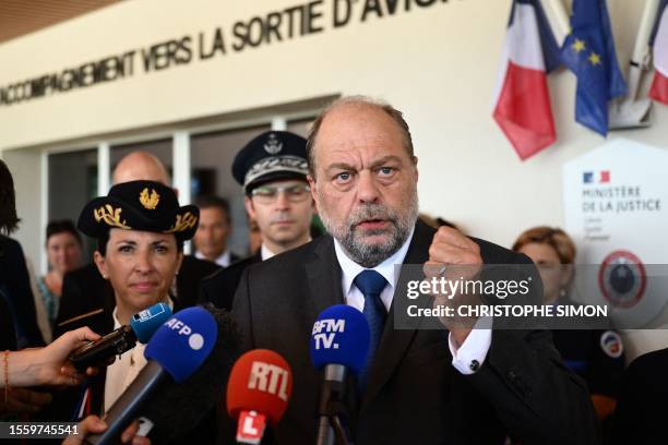 French Justice Minister Eric Dupond-Moretti gestures as he addresses the press during the inauguration of a centre for rehabilitating former inmates...