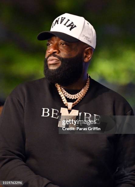 Rapper Rick Ross performs onstage during The Little Red Dress party at Nouveau Bar & Grill on July 20, 2023 in Jonesboro, Georgia.