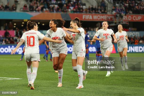 Ramona Bachmann of Switzerland celebrates with teammates after scoring her team's first goal during the FIFA Women's World Cup Australia & New...
