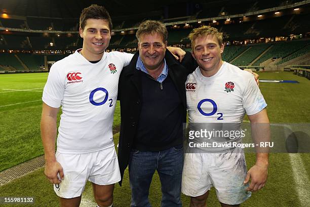 Brothers Tom Youngs and Ben Youngs of England pose with father Nick after the QBE international match between England and Fiji at Twickenham Stadium...
