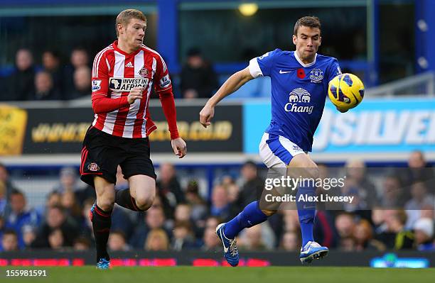 Seamus Coleman of Everton beats James McClean of Sunderland during the Barclays Premier League match between Everton and Sunderland at Goodison Park...