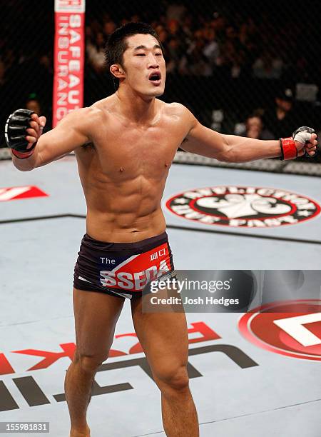 Dong Hyun Kim reacts after defeating Paulo Thiago during their welterweight bout at the UFC Macao event inside CotaiArena on November 10, 2012 in...