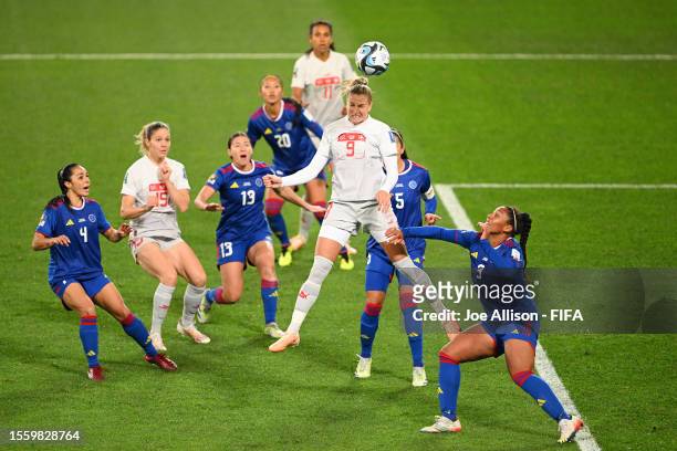 Ana-Maria Crnogorcevic of Switzerland heads the ball during the FIFA Women's World Cup Australia & New Zealand 2023 Group A match between Philippines...