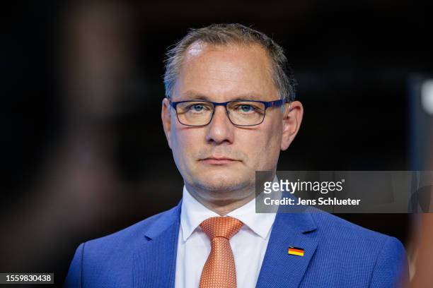 Leading member of the right-wing Alternative for Germany political party Tino Chrupalla during a TV interview at the 2023 federal congress of the...