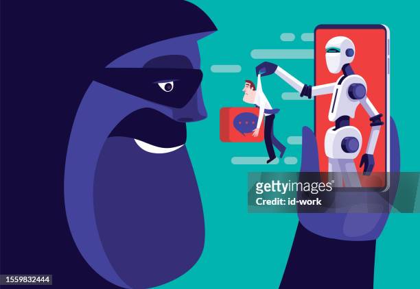 bildbanksillustrationer, clip art samt tecknat material och ikoner med scammer holding smartphone with robot catching businessman - masked thief caught