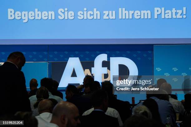 Delegates durin the 2023 federal congress of the right-wing Alternative for Germany political party on July 28, 2023 in Magdeburg, Germany. The AfD,...