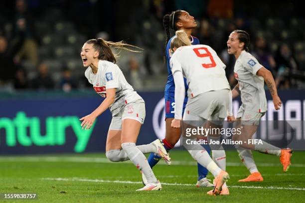 Seraina Piubel of Switzerland celebrates with teammates after scoring her team's second goal during the FIFA Women's World Cup Australia & New...