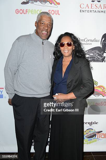 Julius "Dr. Jay" Erving and Jody Watley pose for a photo at the First Annual Soul Train Celebrity Golf Invitational on November 9, 2012 in Las Vegas,...