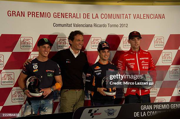 Pol Espargaro of Spain and Pons 40 HP Tuenti, Dani Pedrosa of Spain and Repsol Honda Team and Jonas Folger of Germany and Mapfre Aspar Team Moto3...