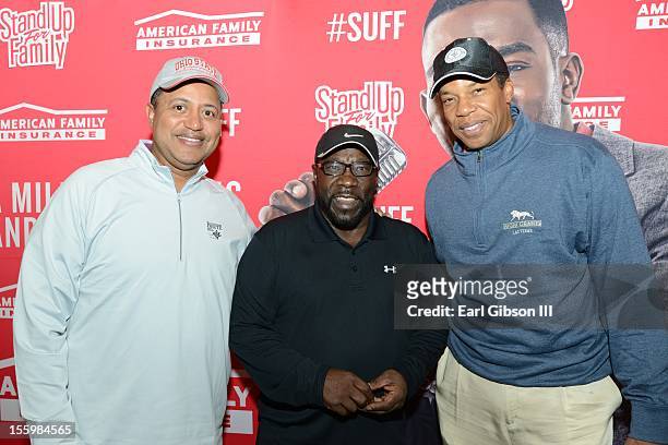 Michael Mitchell, Eddie Levert and Tony Cornelius pose for a photo at the First Annual Soul Train Celebrity Golf Invitational on November 9, 2012 in...