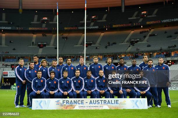 French national rugby team players France’s hooker Benjamin Kayser, France’s prop Thomas Domingo, France’s lock Sebastien Vahaamahina, France’s...