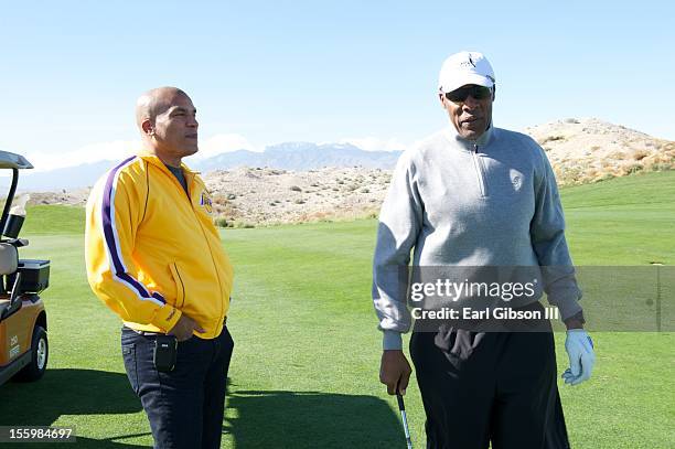 Paxton K. Baker and Julius "Dr Jay" Erving talk at the First Annual Soul Train Celebrity Golf Invitational on November 9, 2012 in Las Vegas, Nevada.