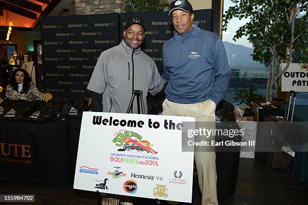 Kenard Gibbs and Tony Cornelius pose for a photo at the First Annual Soul Train Celebrity Golf Invitational on November 9, 2012 in Las Vegas, Nevada.