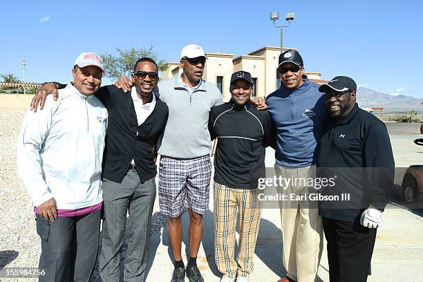 Michael Mitchell, Bill Bellamy, Julius "Dr. Jay" Erving, Kenard Gibbs, Tony Cornelius and Eddie Levert pose for a photo at the First Annual Soul...